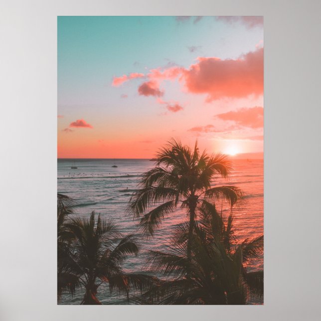 Rosa Sunset Ocean Beach Handflatan Fotography Post Poster (Framsidan)