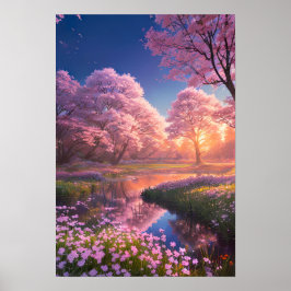 Rosa Sunset's Embrace of a Charming River Poster