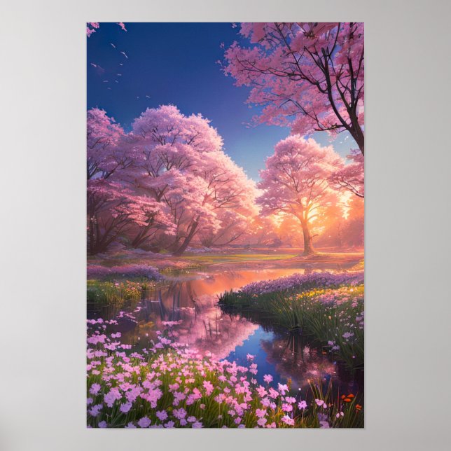 Rosa Sunset's Embrace of a Charming River Poster (Framsidan)