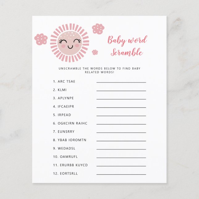 Rosa Sunshine Baby Shower Ord Scramble Game (Framsida)
