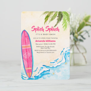 Rosa Surf Plam Träd Strand Baby Shower Inbjudningar