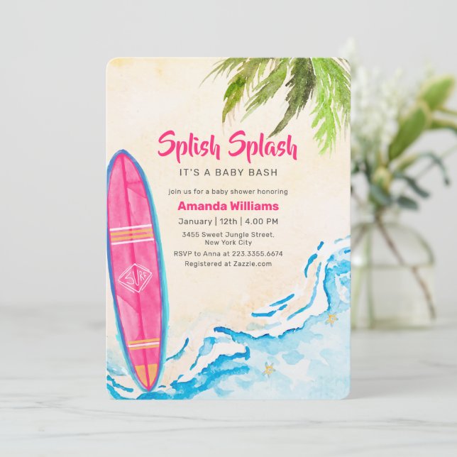 Rosa Surf Plam Träd Strand Baby Shower   Inbjudningar (Stående Fram)