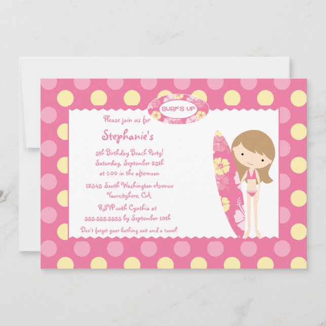Rosa surfa upp simningfödelsedagsfest inbjudan (Framsida)