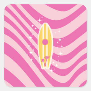 Rosa Surfboard, Beach Art, Tropical Vibes, Preppy Fyrkantigt Klistermärke