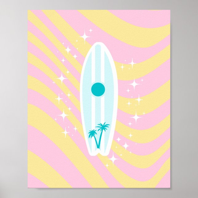 Rosa Surfboard, Beach Art, Tropical Vibes, Preppy Poster (Framsidan)