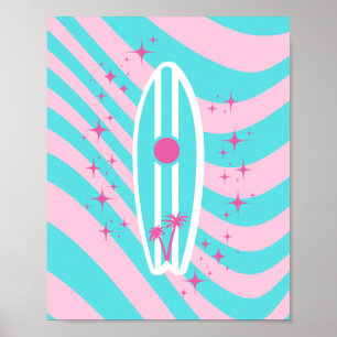 Rosa Surfboard, Beach Art, Tropical Vibes, Preppy Poster
