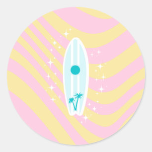 Rosa Surfboard, Beach Art, Tropical Vibes, Preppy Runt Klistermärke