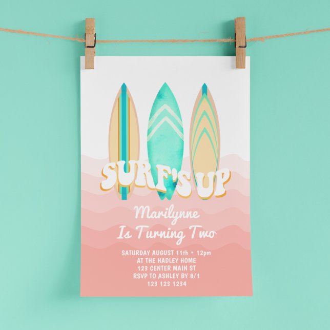 Rosa Surfs Up Surfbräda 2-års födelsedag Inbjudningar (Skapare uppladdad)