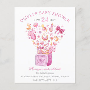 Rosa Surprise Box Girl Baby Shower-inbjudan