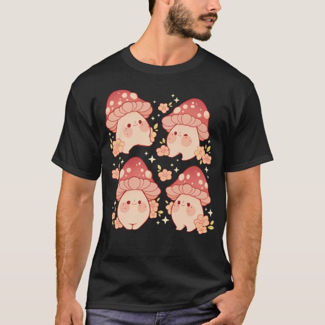 Rosa Svampar och blommor Mönster T Shirt (Framsida)