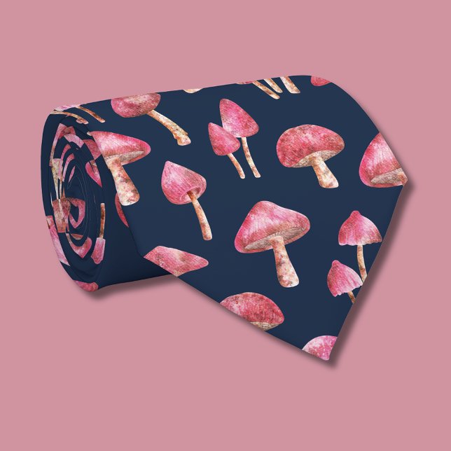 Rosa svampmönster slips (pink mushroom tie (rolled) on navy)
