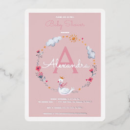 Rosa svan baby shower inbjudan blommande flicka