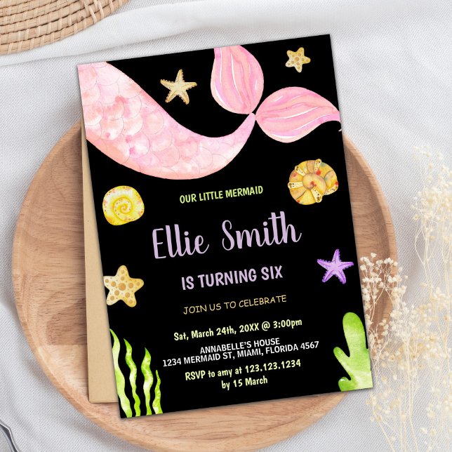 Rosa Svan Little Sjöjungfru Birthday-inbjudningar Inbjudningar (Pink Tail Little Mermaid Birthday Invitations)