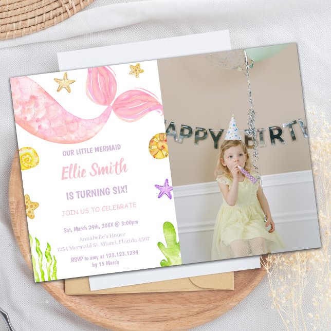 Rosa Svan Sjöjungfru Birthday-inbjudningar med fot Inbjudningar (Pink Tail Mermaid Birthday Invitations with photo)