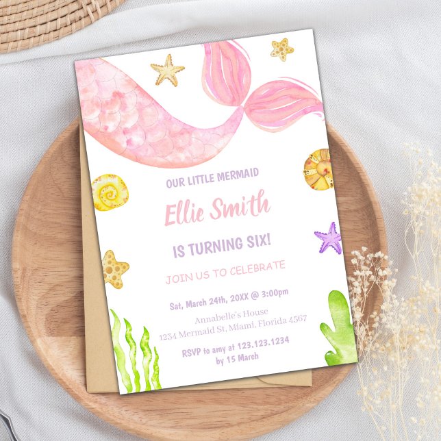 Rosa Svan Sjöjungfru Bjuddagsinbjudningar Inbjudningar (Pink Tail Mermaid Birthday Invitations)