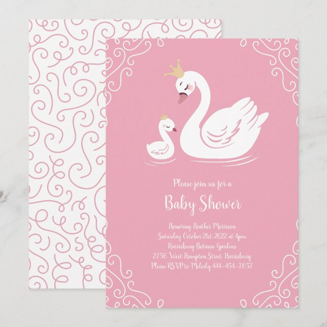 Rosa Svanar Baby Shower Bird med Krona Inbjudningar (Fram/baksida)