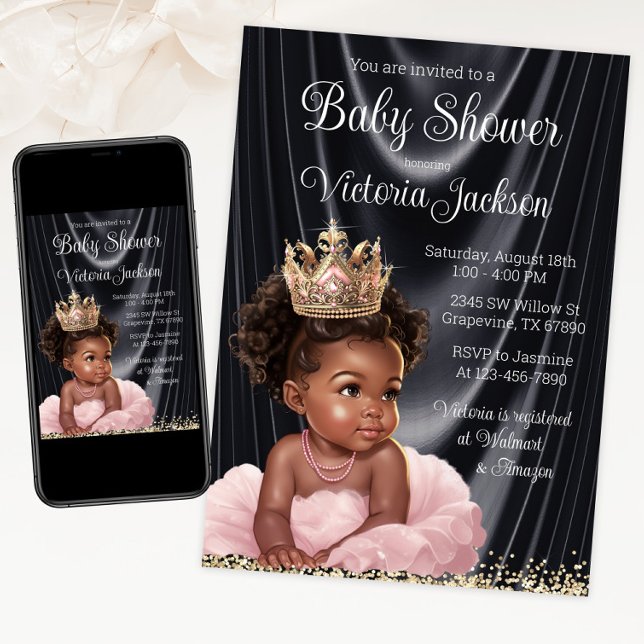 Rosa Svart Afrikansk Prinsessa Bebis Shower  Inbjudningar (African princess pink and gold tutu and crown. Instant download and print.)
