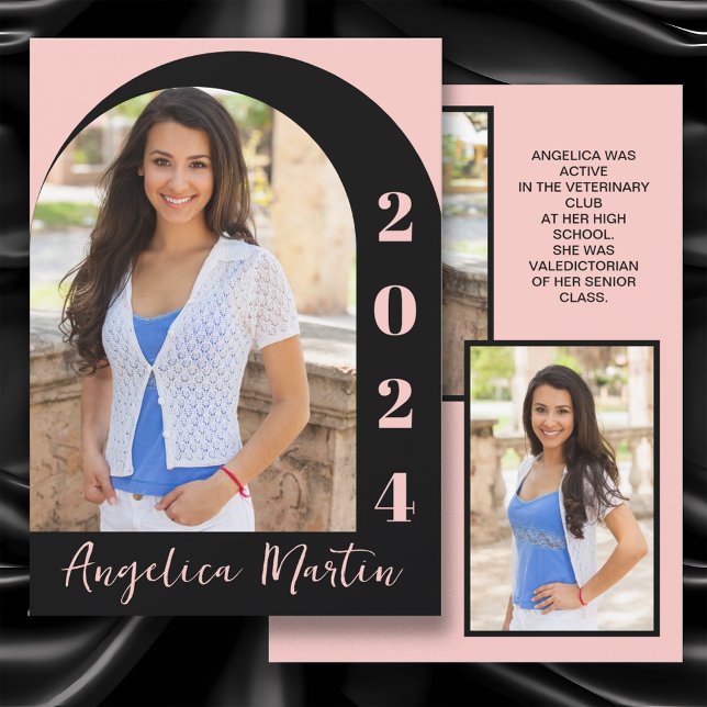 Rosa svart arkfoto Klass 2024 Examen  (Pink and black arch-photo high school graduation Class of 2024 announcement)