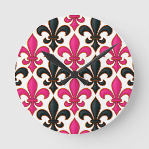Rosa svart barock Fleur-de-lis mönsterdesign Rund Klocka