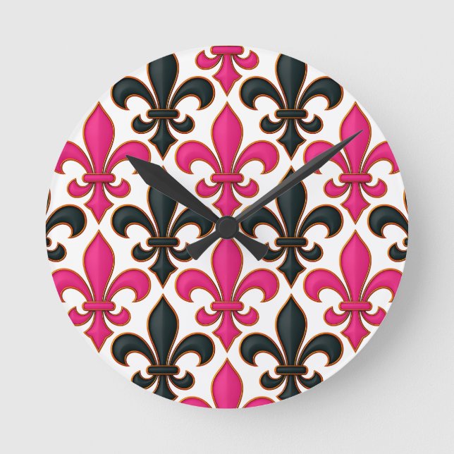 Rosa svart barock Fleur-de-lis mönsterdesign  Rund Klocka (Framsida)