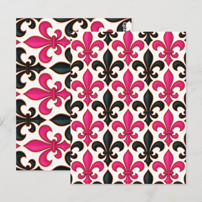 Rosa svart barock Fleur-de-lis mönsterdesign  Vykort (Fram/baksida)