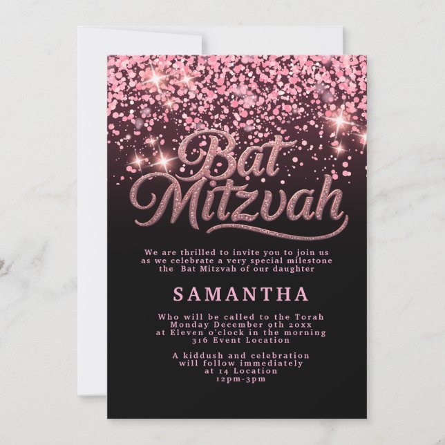 Rosa & Svart Bat Mitzvah-inbjudan Inbjudningar (Framsida)