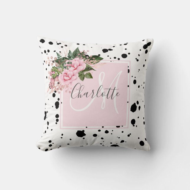  rosa svart bläck platter blommigt monogram kudde (Framsida)