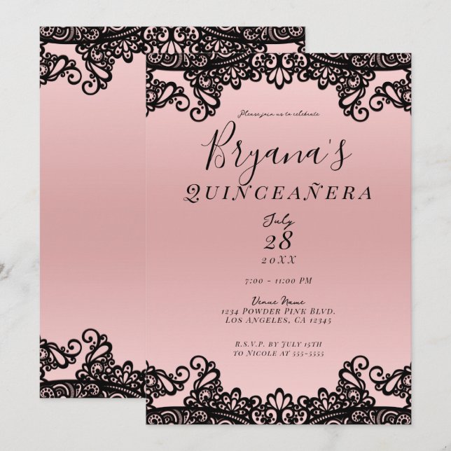 Rosa svart bläck spets 15:e Quinceañera-fest Inbjudningar (Fram/baksida)