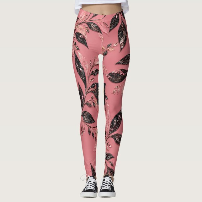 Rosa & Svart Bladmönster Yoga Leggings (Framsida)