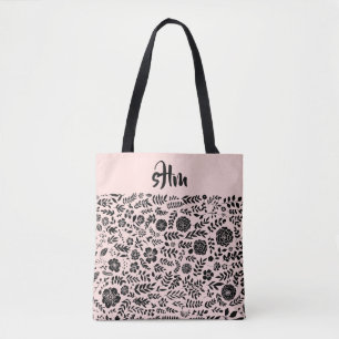 Rosa, svart Blommönster Monogram Tygkasse