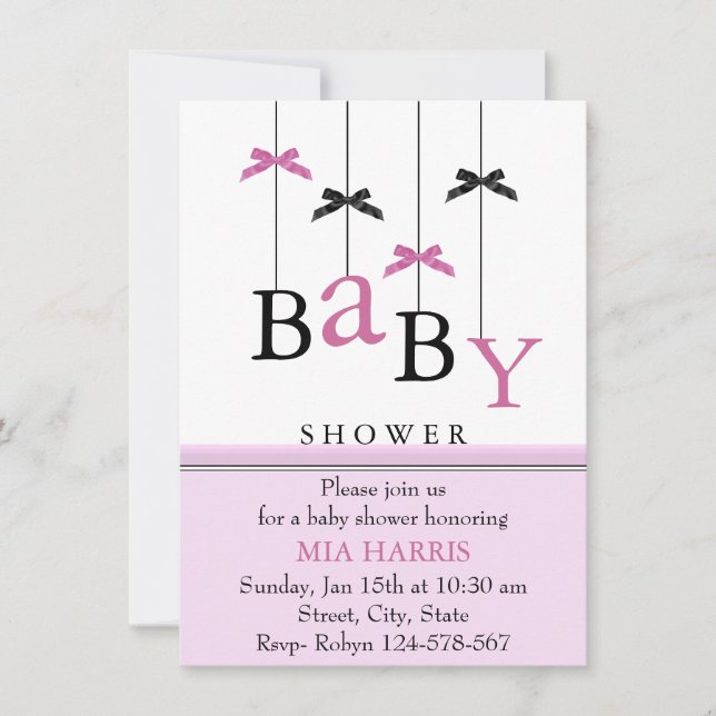 Rosa & Svart Bow Mobil Baby Shower Inbjudan (Framsida)