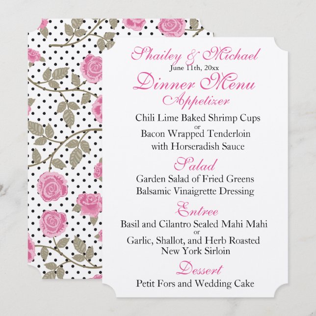 Rosa/Svart  BRÖLLOPSMENY Inbjudningar (Fram/baksida)