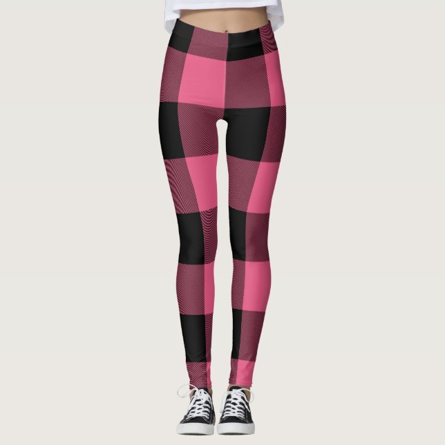 Rosa & Svart Buffalo Rutig Schackrutig Leggings (Framsida)
