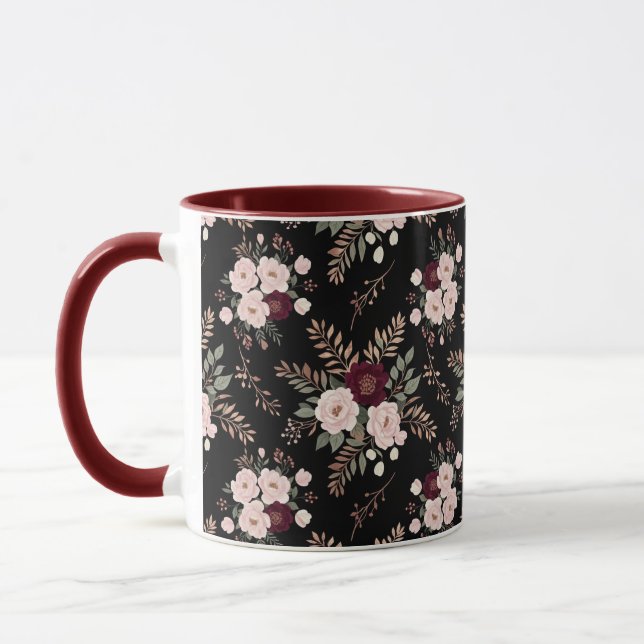 Rosa svart burgunder vattenfärg blommor mugg (Vänster)