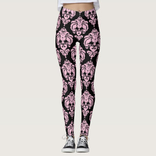 Rosa & Svart Damask Chic Modern Elegant Mönster Leggings