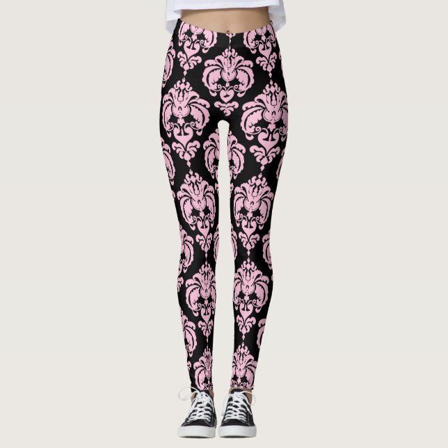 Rosa & Svart Damask Chic Modern Elegant Mönster Leggings (Framsida)