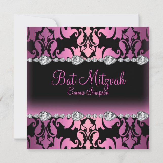 Rosa & Svart Damask & Diamant Bat Mitzvah-inbjudan Inbjudningar (Framsida)