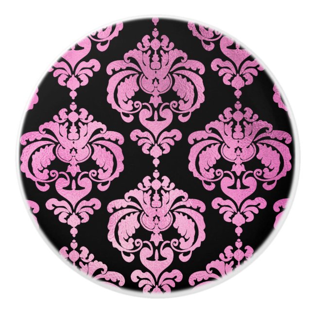 Rosa & Svart Damask Elegant Sklåp Dresser Knopp (Framsidan)