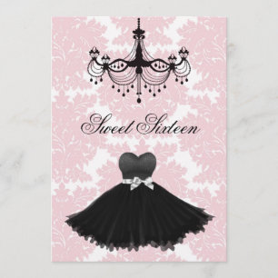 Rosa svart Damask ljuskrona Sweet Sixteen födelsed Inbjudningar
