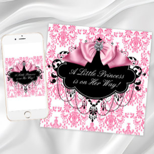 Rosa svart damask prinsessa baby shower inbjudningar