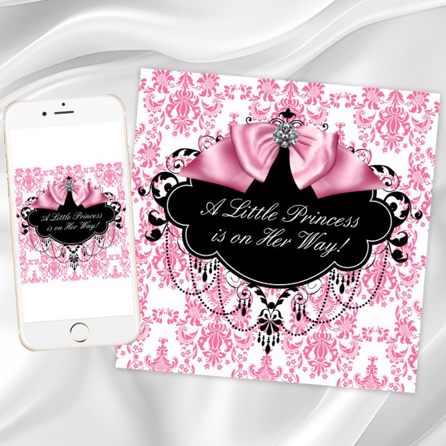 Rosa svart damask prinsessa baby shower inbjudningar (Pink and black baby shower invitations. Add your own text. Instant download and printed available.)