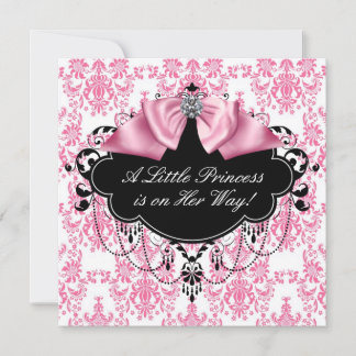 Rosa svart damask prinsessa baby shower inbjudningar