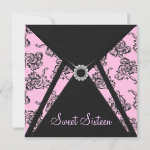 Rosa svart damasker Sweet 16-fest Inbjudningar