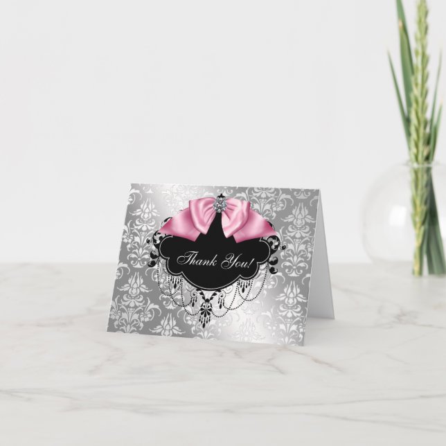 Rosa Svart Damast Baby Shower Tacksamhetskort Tack Kort (Framsida)