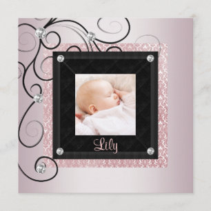 Rosa svart damast Babyflicka Foto Födelse Meddelande