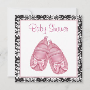 Rosa svart damast babyflicka shower inbjudningar