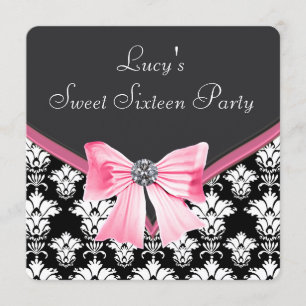 Rosa svart damast Sweet 16-fest Inbjudningar
