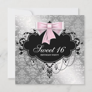 Rosa svart damast Sweet 16 födelsedagsfest Inbjudningar