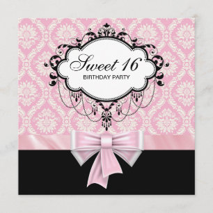 Rosa svart damast Sweet 16 födelsedagsfest Inbjudningar