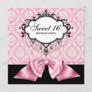 Rosa svart damast Sweet 16 födelsedagsfest Inbjudningar